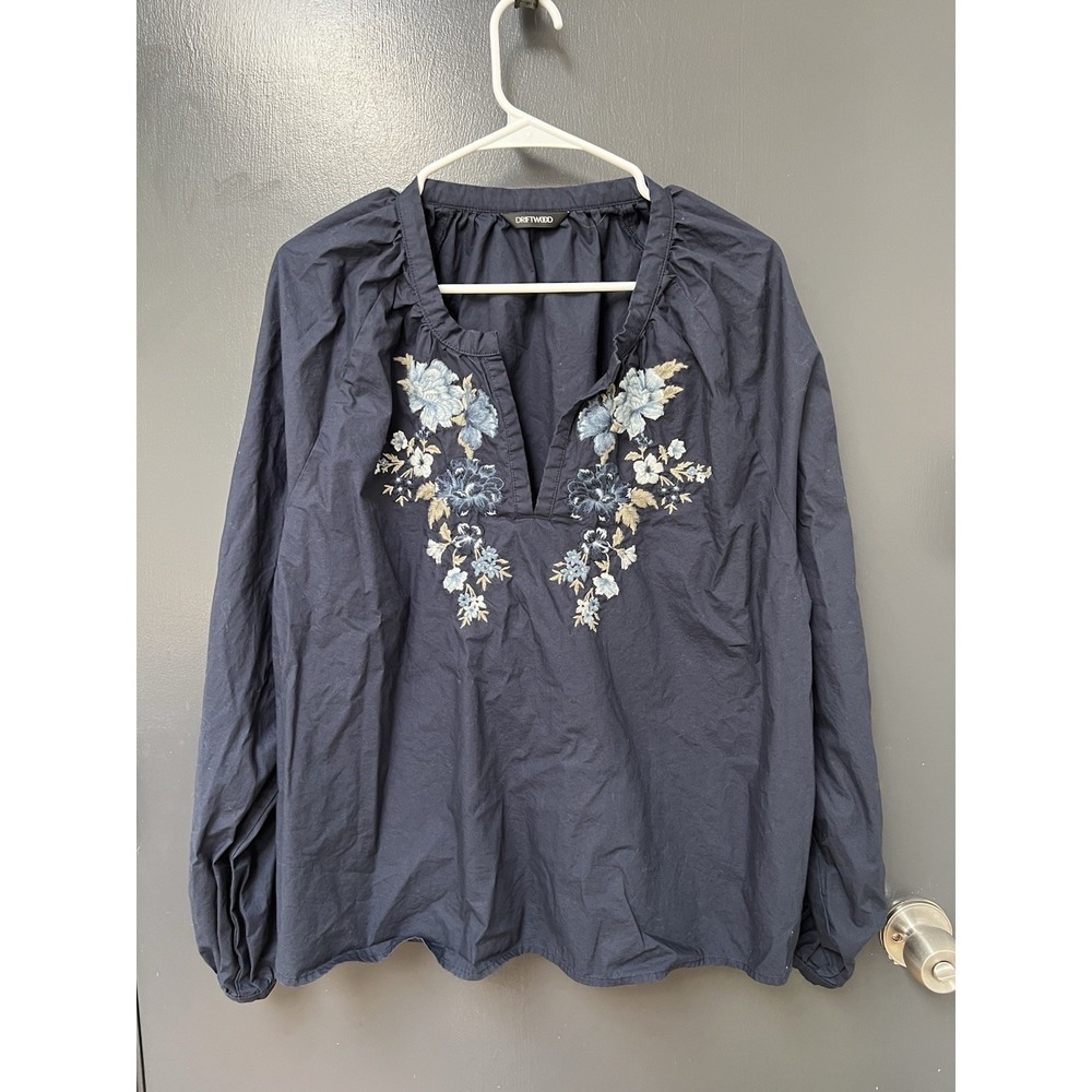 Driftwood Sz XL Navy Blue Floral Embroidered Cotton Peasant Blouse Top